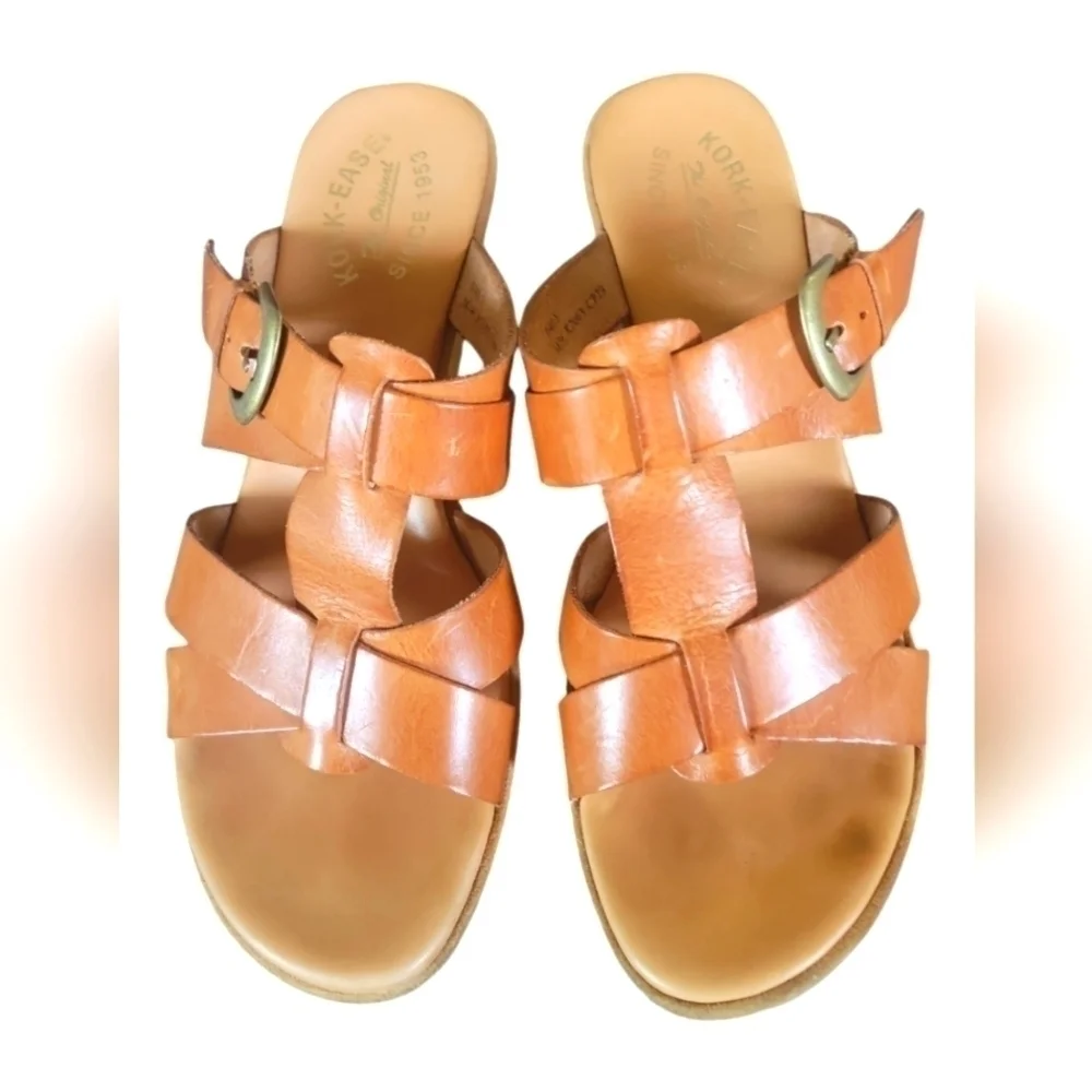 Kork-Ease Ava Tan  Buckle Stacked Heels Saddle Leather Platform Sandals 9/40.5